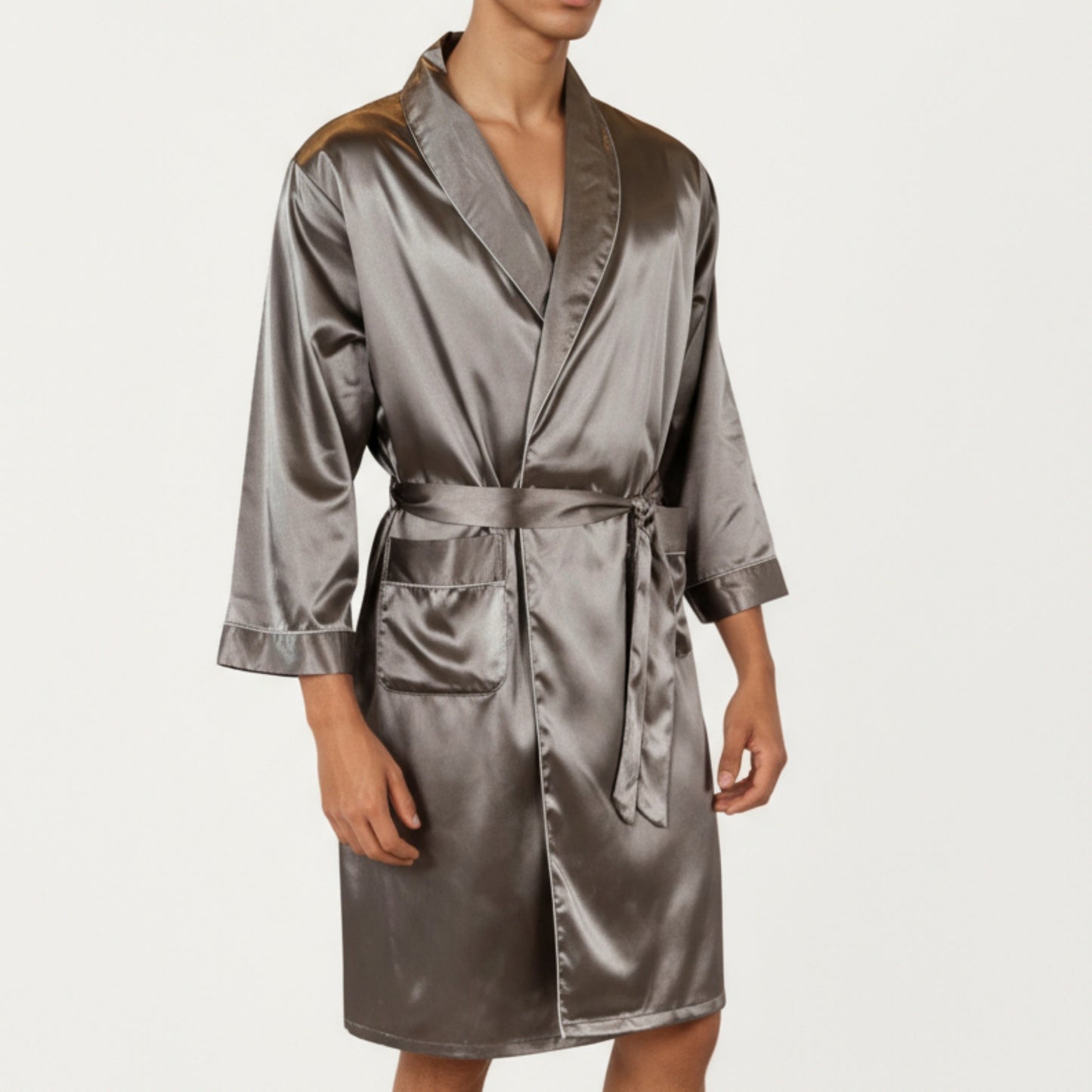 Anna-Kaci Men's Satin Robe with Shawl Collar Waist Tie and Front Pockets