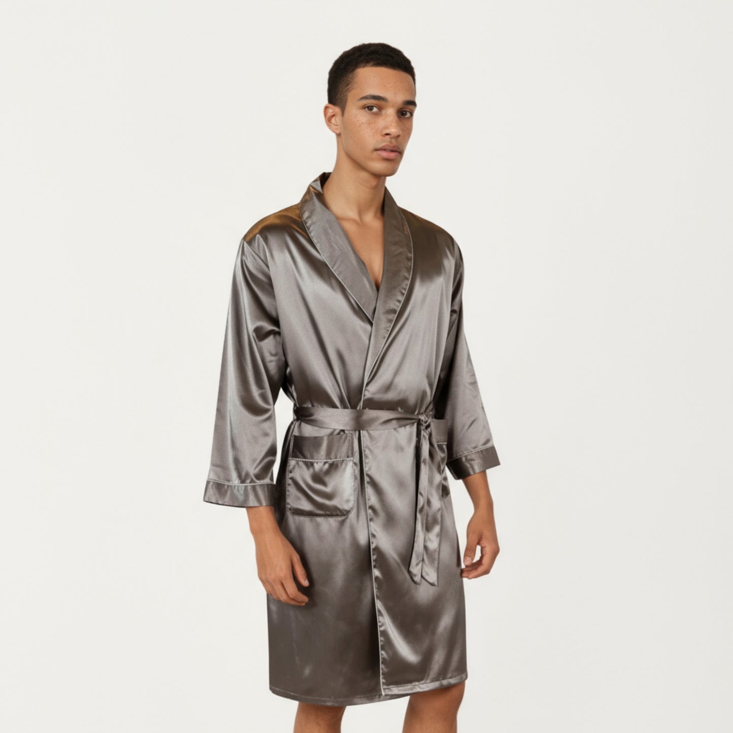 Anna-Kaci Men's Satin Robe with Shawl Collar Waist Tie and Front Pockets