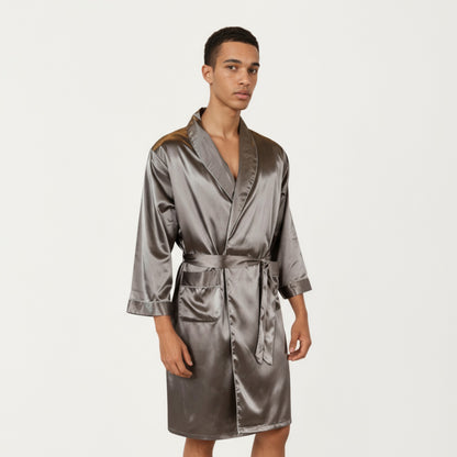 Anna-Kaci Men's Satin Robe with Shawl Collar Waist Tie and Front Pockets