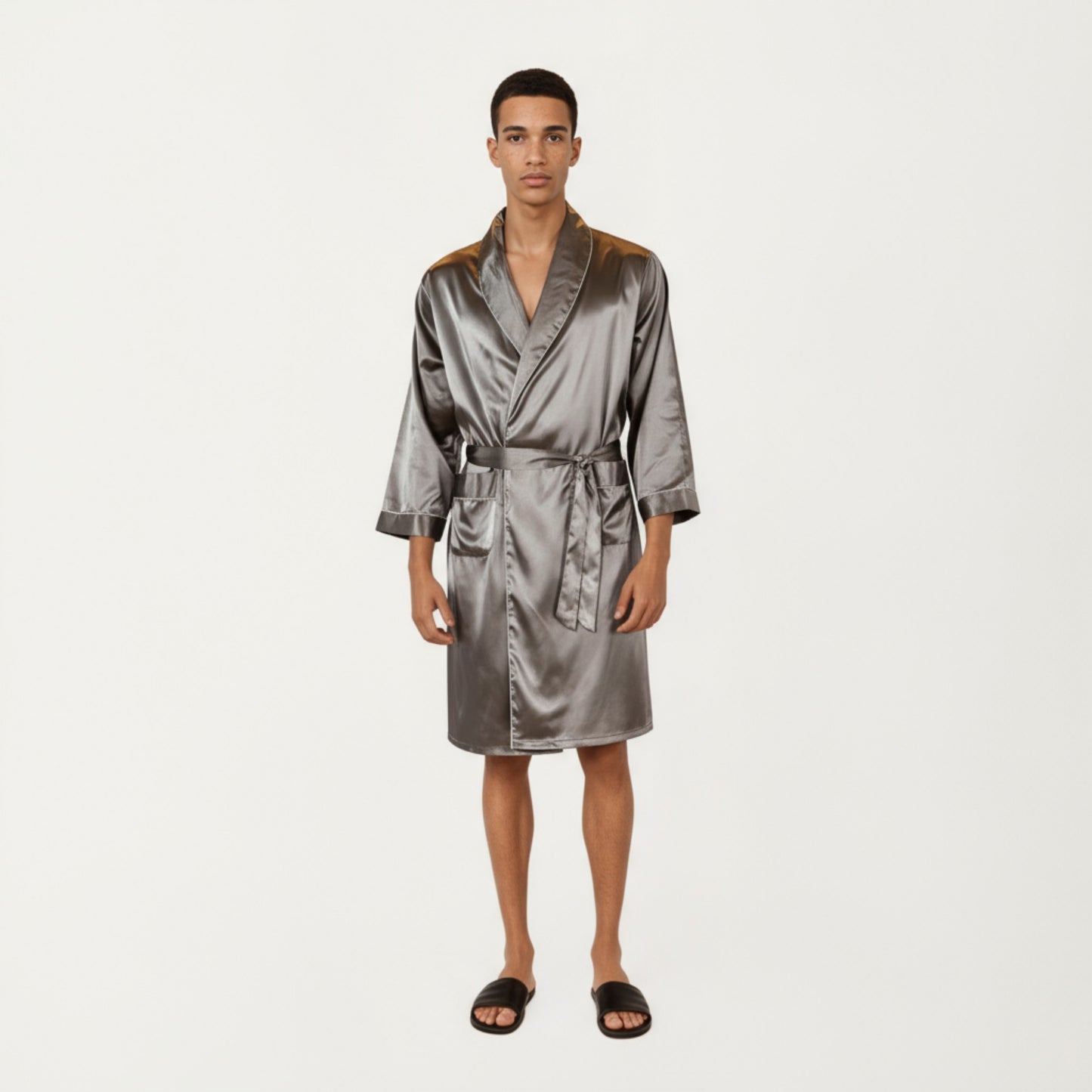 Anna-Kaci Men's Satin Robe with Shawl Collar Waist Tie and Front Pockets
