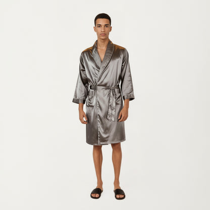 Anna-Kaci Men's Satin Robe with Shawl Collar Waist Tie and Front Pockets