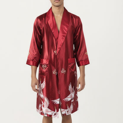 Anna-Kaci Men's Satin Robe with Shawl Collar Waist Tie and Front Pockets