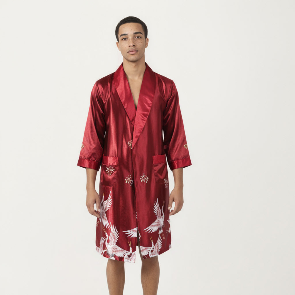 Anna-Kaci Men's Satin Robe with Shawl Collar Waist Tie and Front Pockets