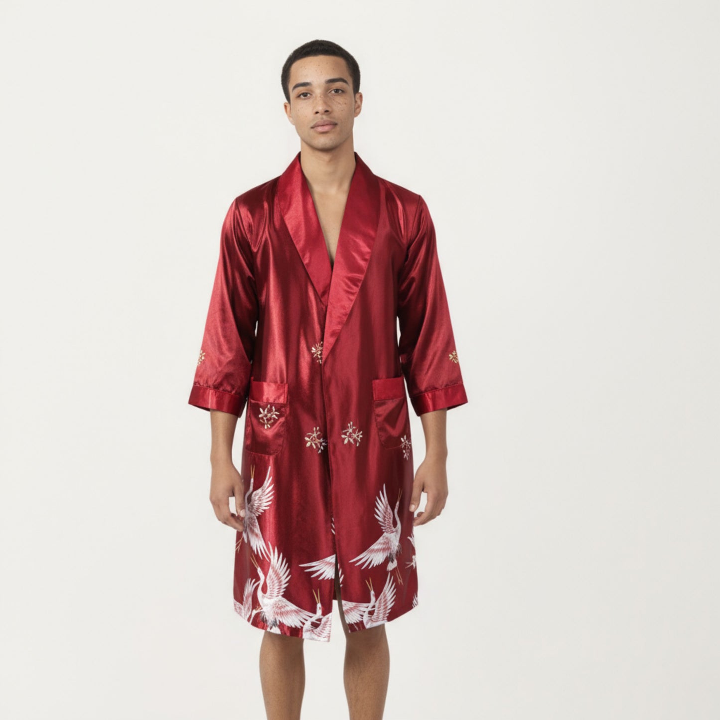Anna-Kaci Men's Satin Robe with Shawl Collar Waist Tie and Front Pockets