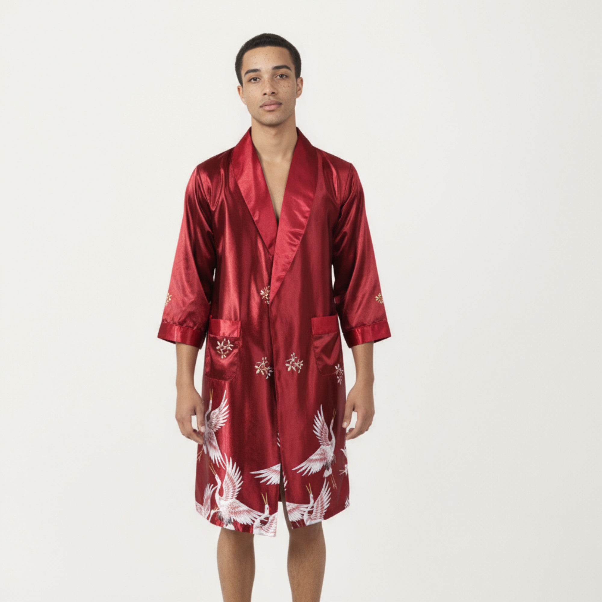 Anna-Kaci Men's Satin Robe with Shawl Collar Waist Tie and Front Pockets