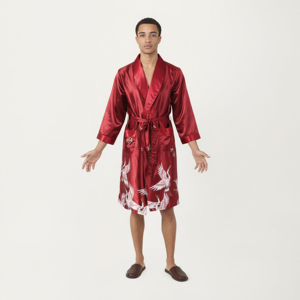 Anna-Kaci Men's Satin Robe with Shawl Collar Waist Tie and Front Pockets