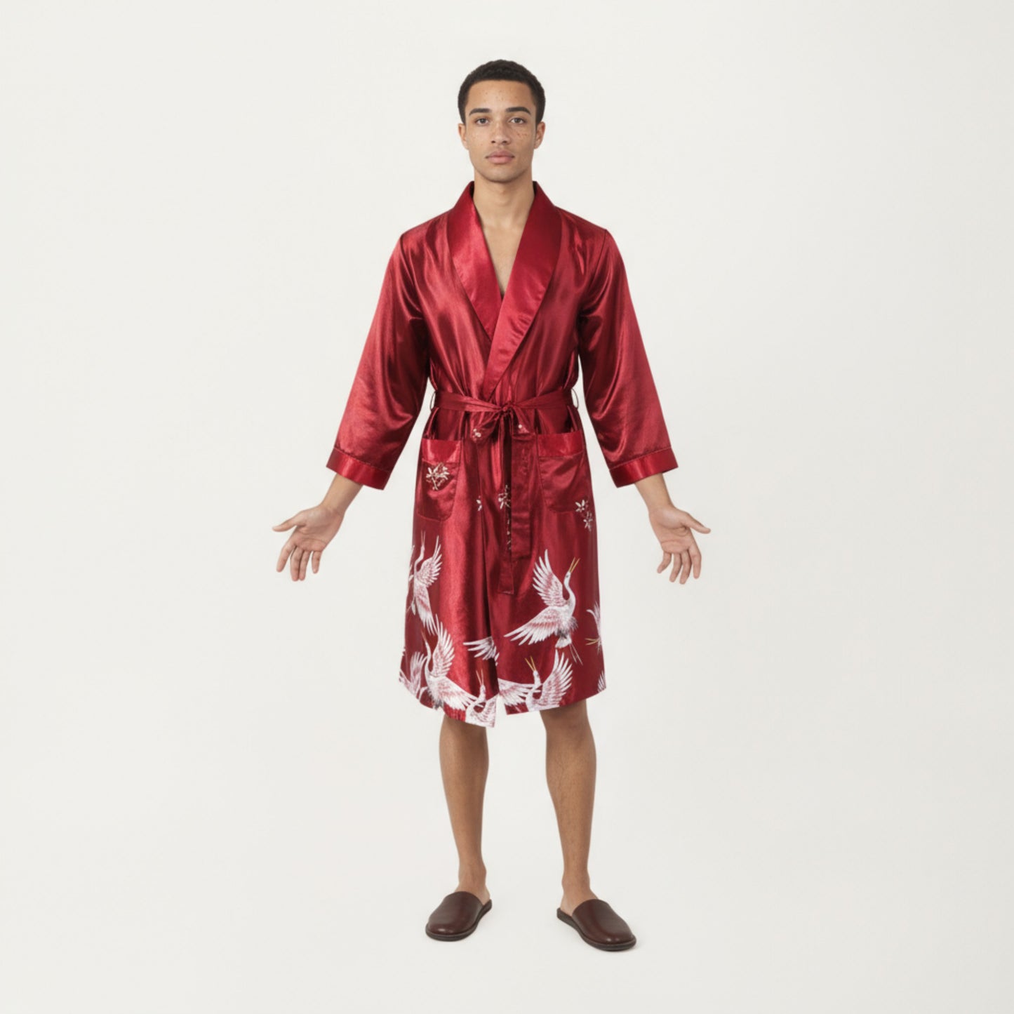 Anna-Kaci Men's Satin Robe with Shawl Collar Waist Tie and Front Pockets