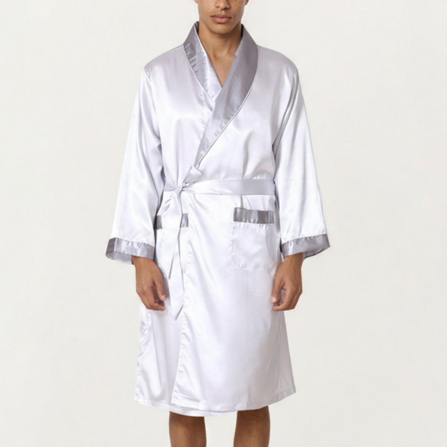 Anna-Kaci Men's Satin Robe with Shawl Collar Waist Tie and Front Pockets