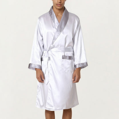 Anna-Kaci Men's Satin Robe with Shawl Collar Waist Tie and Front Pockets
