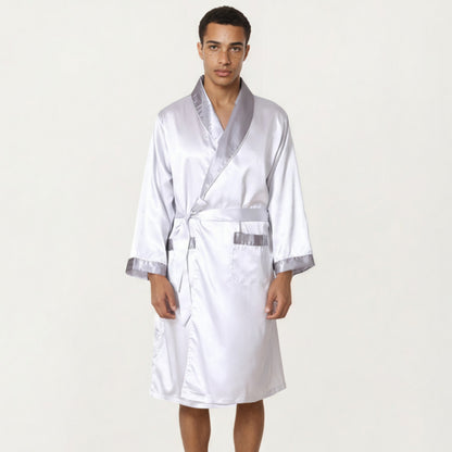 Anna-Kaci Men's Satin Robe with Shawl Collar Waist Tie and Front Pockets