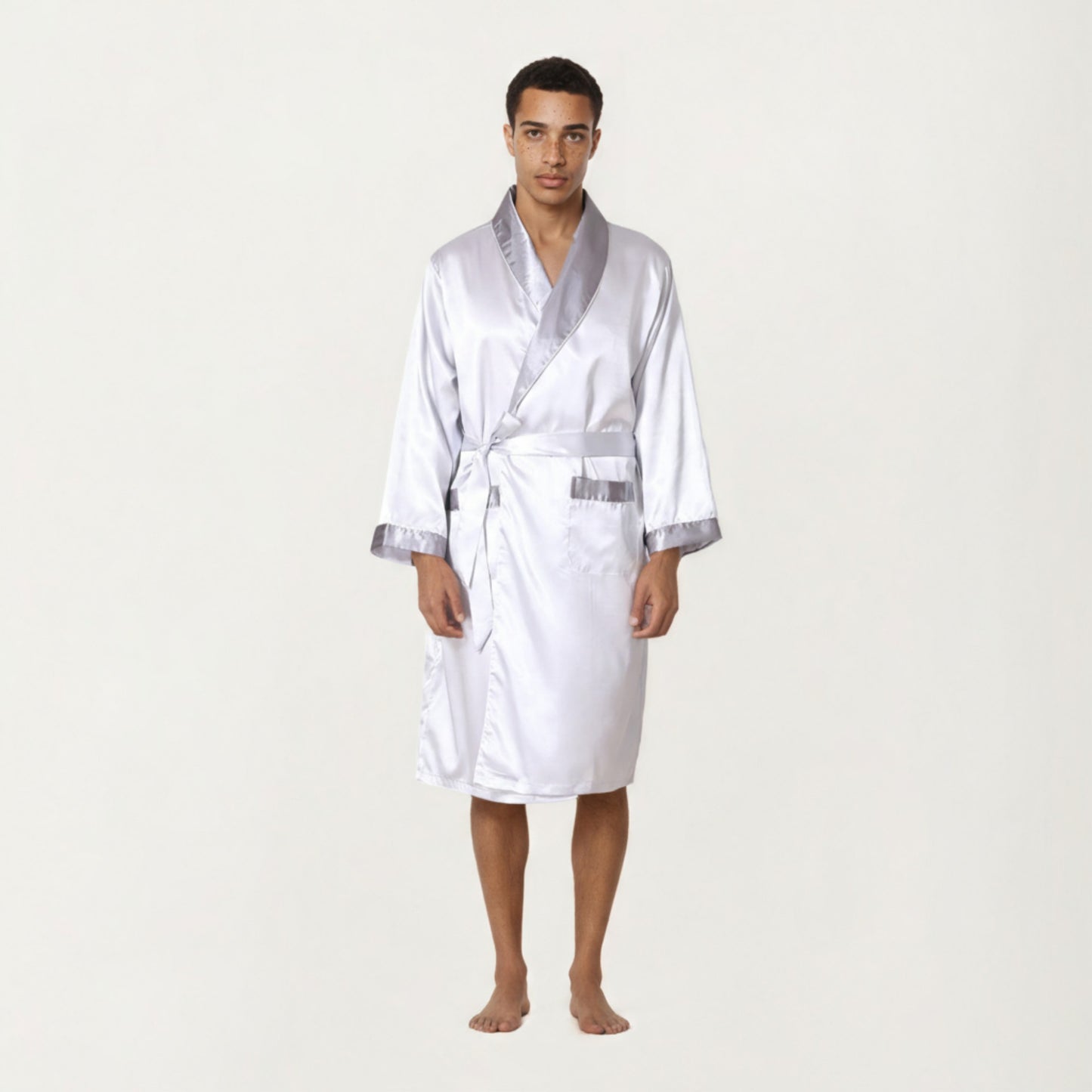 Anna-Kaci Men's Satin Robe with Shawl Collar Waist Tie and Front Pockets