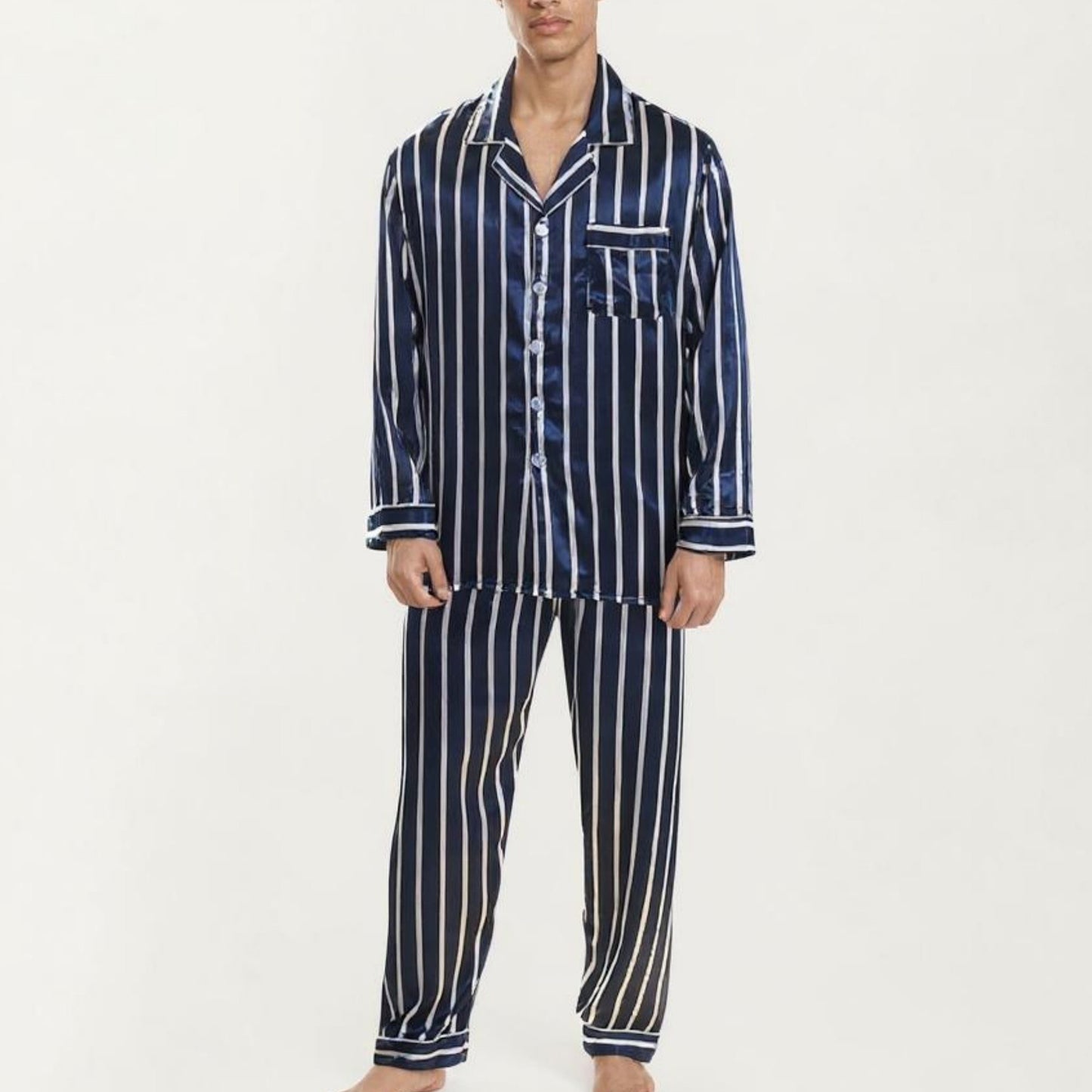 Anna-Kaci Men's 2-Piece Set Satin Pajamas with Vertical Stripe Pattern and Button-Up Top
