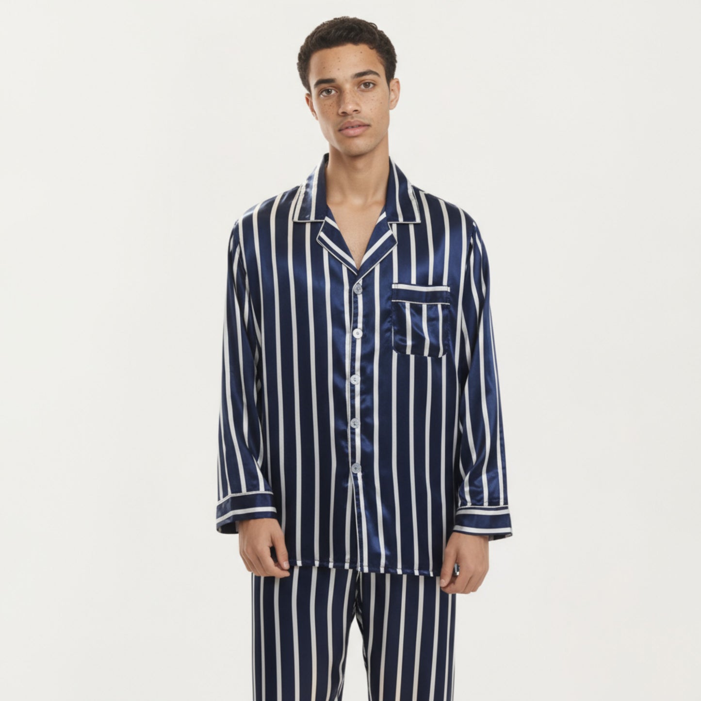 Anna-Kaci Men's 2-Piece Set Satin Pajamas with Vertical Stripe Pattern and Button-Up Top