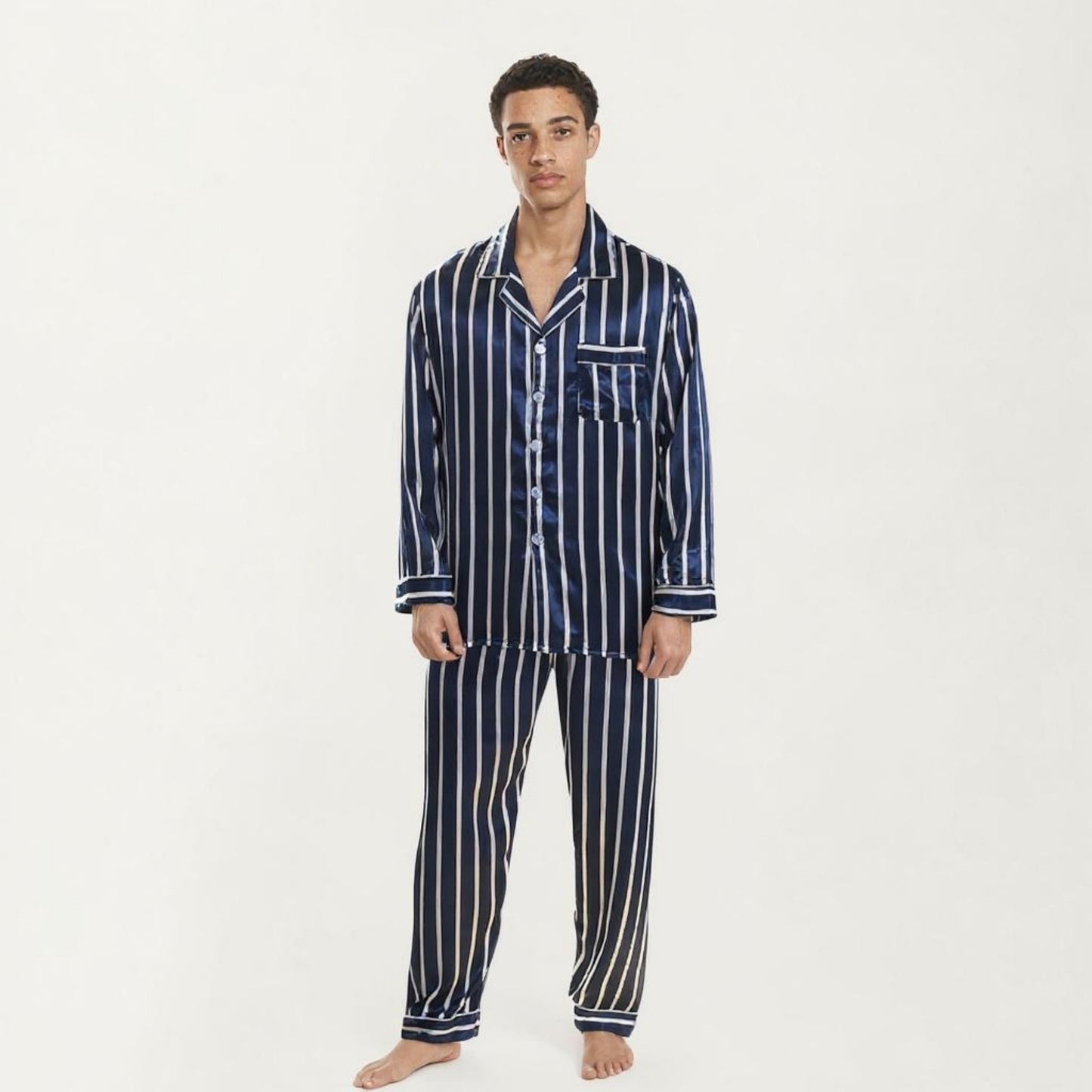 Anna-Kaci Men's 2-Piece Set Satin Pajamas with Vertical Stripe Pattern and Button-Up Top