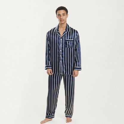 Anna-Kaci Men's 2-Piece Set Satin Pajamas with Vertical Stripe Pattern and Button-Up Top