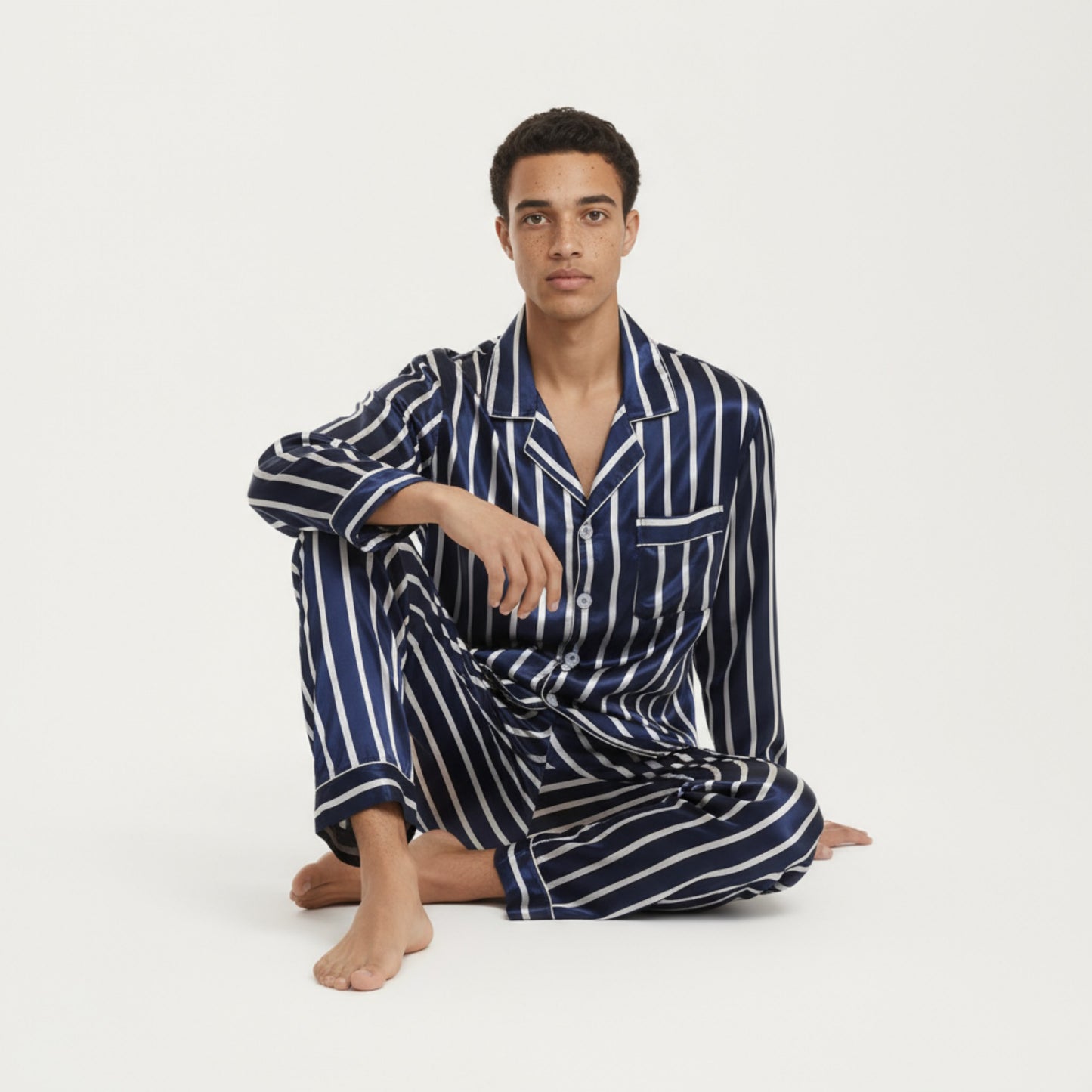 Anna-Kaci Men's 2-Piece Set Satin Pajamas with Vertical Stripe Pattern and Button-Up Top