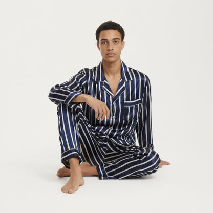 Anna-Kaci Men's 2-Piece Set Satin Pajamas with Vertical Stripe Pattern and Button-Up Top