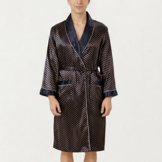 Anna-Kaci Men's Satin Robe with Polka Dot Print Contrast Shawl Collar and Waist Tie