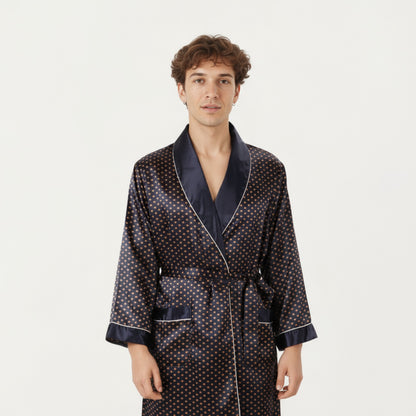 Anna-Kaci Men's Satin Robe with Polka Dot Print Contrast Shawl Collar and Waist Tie