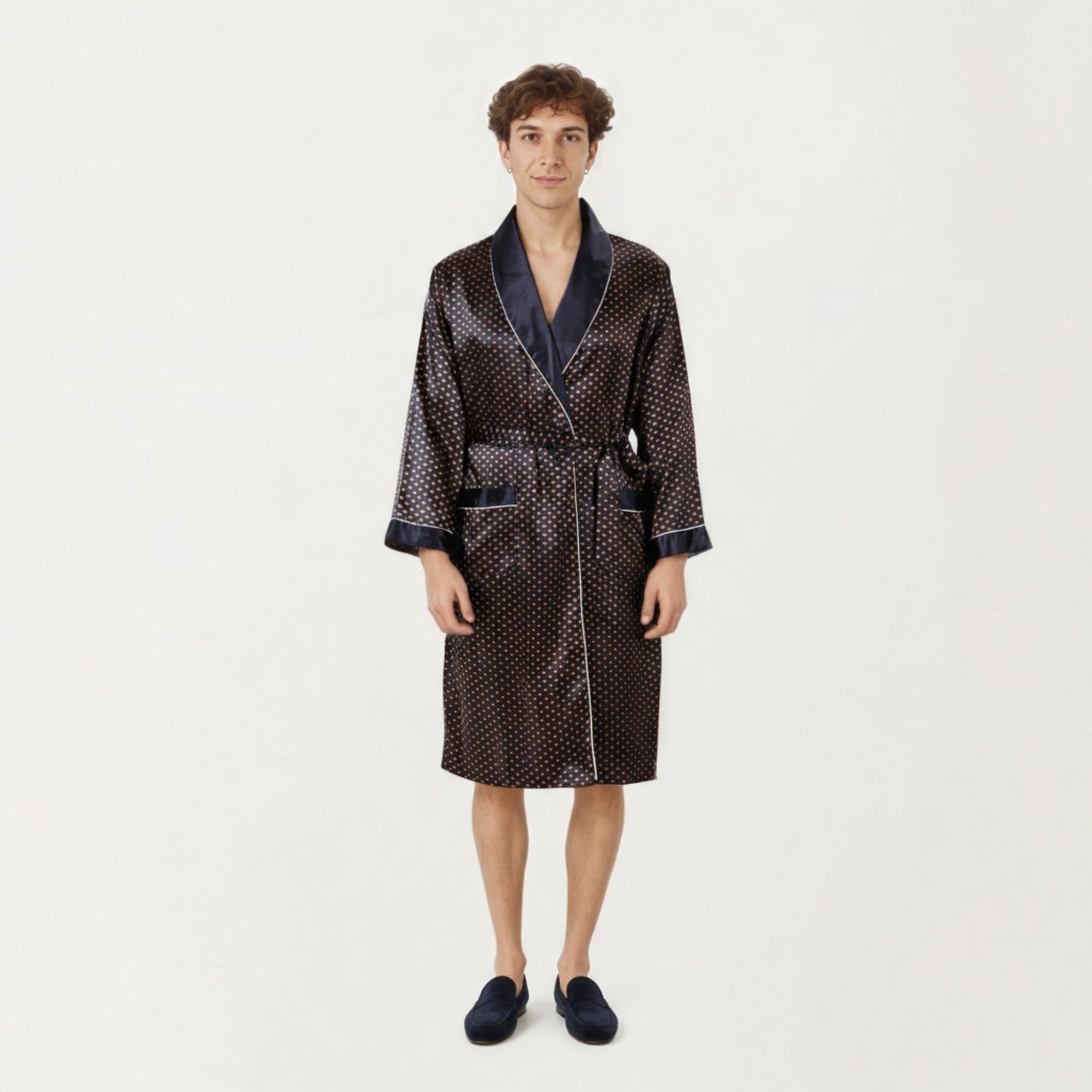 Anna-Kaci Men's Satin Robe with Polka Dot Print Contrast Shawl Collar and Waist Tie