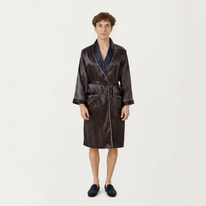 Anna-Kaci Men's Satin Robe with Polka Dot Print Contrast Shawl Collar and Waist Tie
