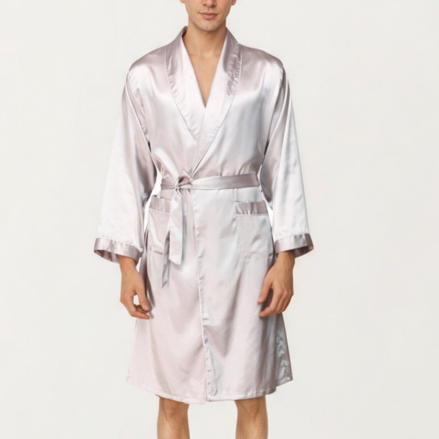 Anna-Kaci Men's Satin Robe with Shawl Collar Waist Tie and Front Pockets