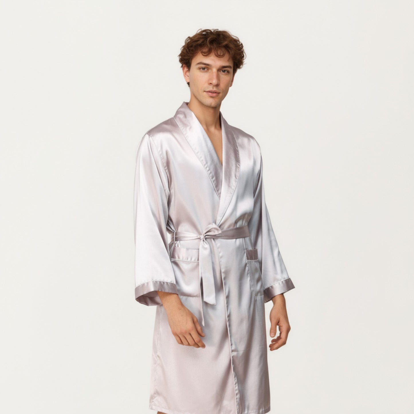Anna-Kaci Men's Satin Robe with Shawl Collar Waist Tie and Front Pockets