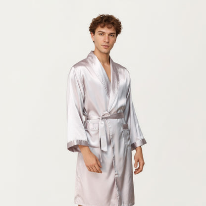 Anna-Kaci Men's Satin Robe with Shawl Collar Waist Tie and Front Pockets