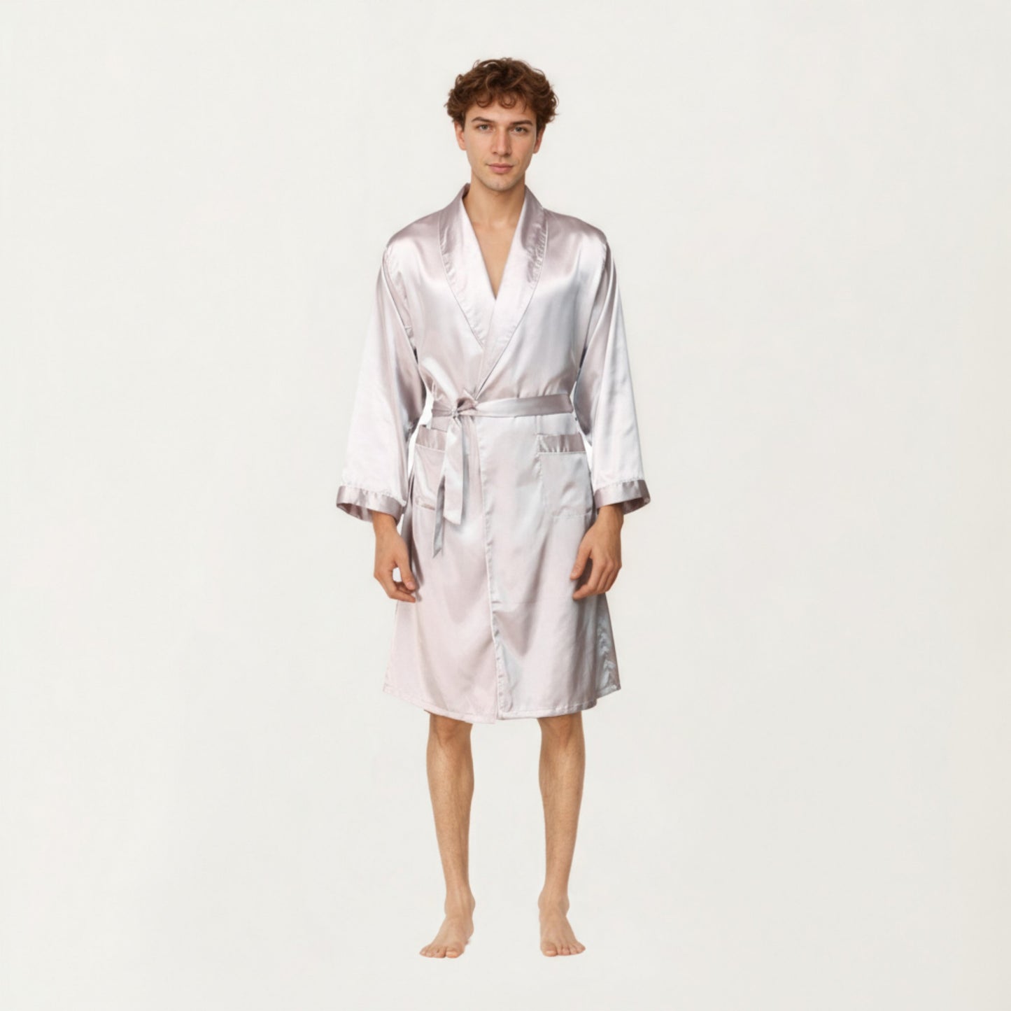 Anna-Kaci Men's Satin Robe with Shawl Collar Waist Tie and Front Pockets
