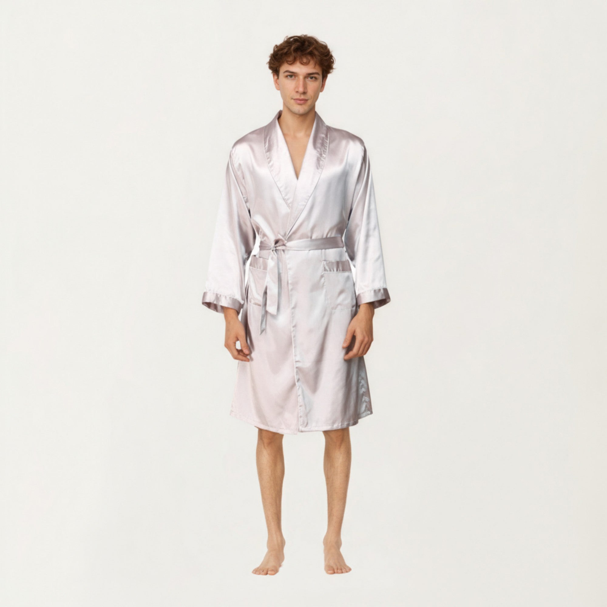 Anna-Kaci Men's Satin Robe with Shawl Collar Waist Tie and Front Pockets