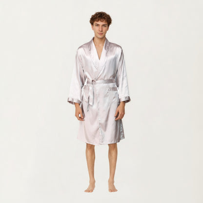 Anna-Kaci Men's Satin Robe with Shawl Collar Waist Tie and Front Pockets
