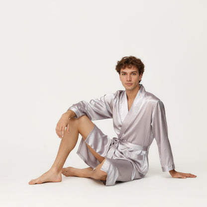 Anna-Kaci Men's Satin Robe with Shawl Collar Waist Tie and Front Pockets