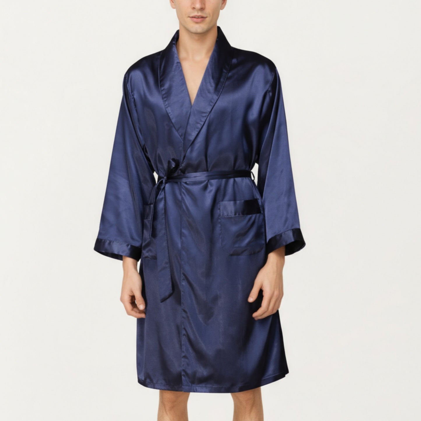 Anna-Kaci Men's Satin Robe with Shawl Collar Waist Tie and Front Pockets