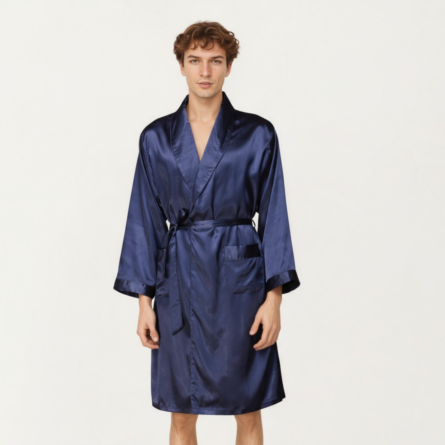 Anna-Kaci Men's Satin Robe with Shawl Collar Waist Tie and Front Pockets