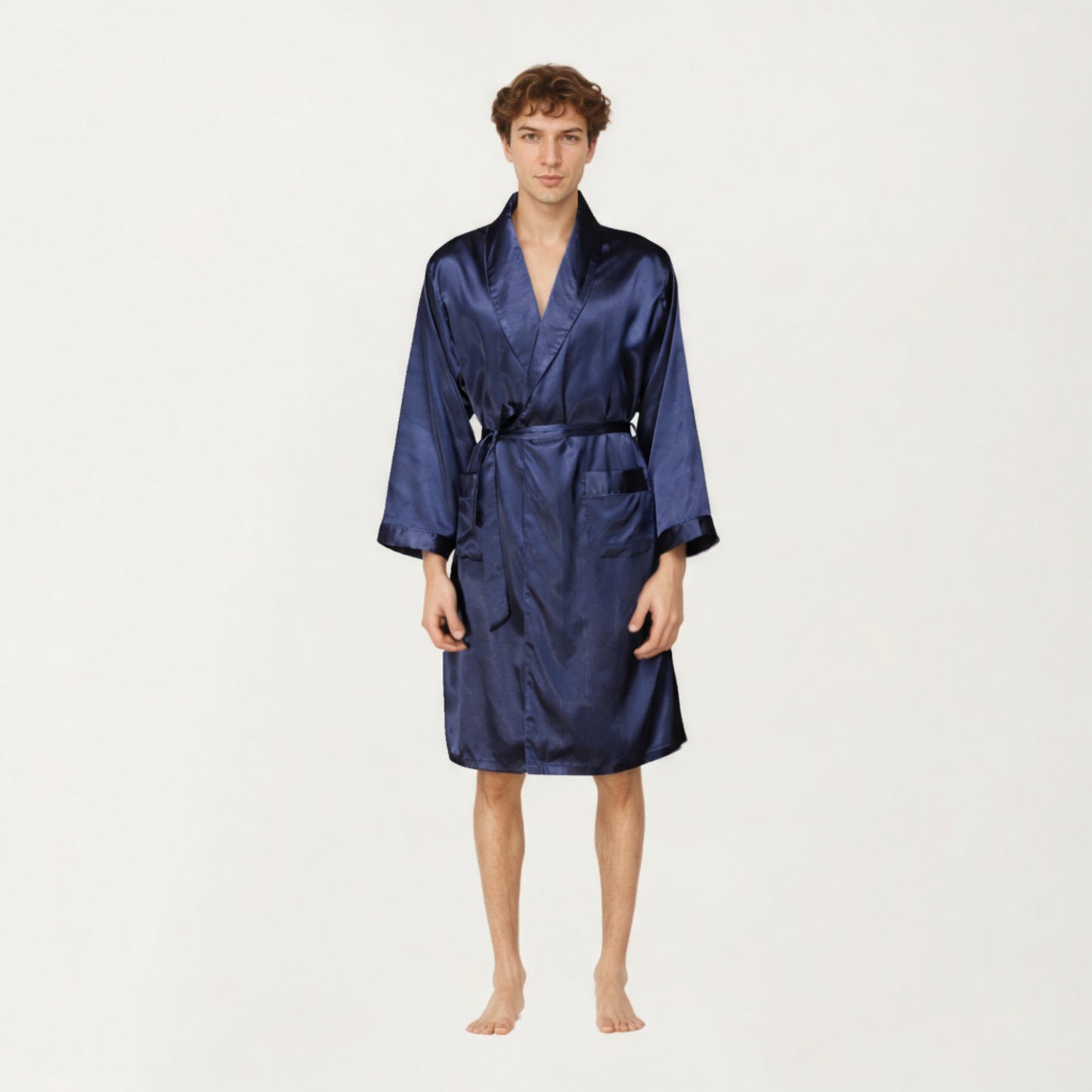 Anna-Kaci Men's Satin Robe with Shawl Collar Waist Tie and Front Pockets