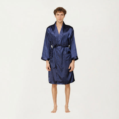 Anna-Kaci Men's Satin Robe with Shawl Collar Waist Tie and Front Pockets