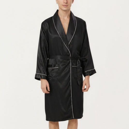 Anna-Kaci Men's Satin Robe with Subtle Stripe Texture Contrast Trim and Waist Tie