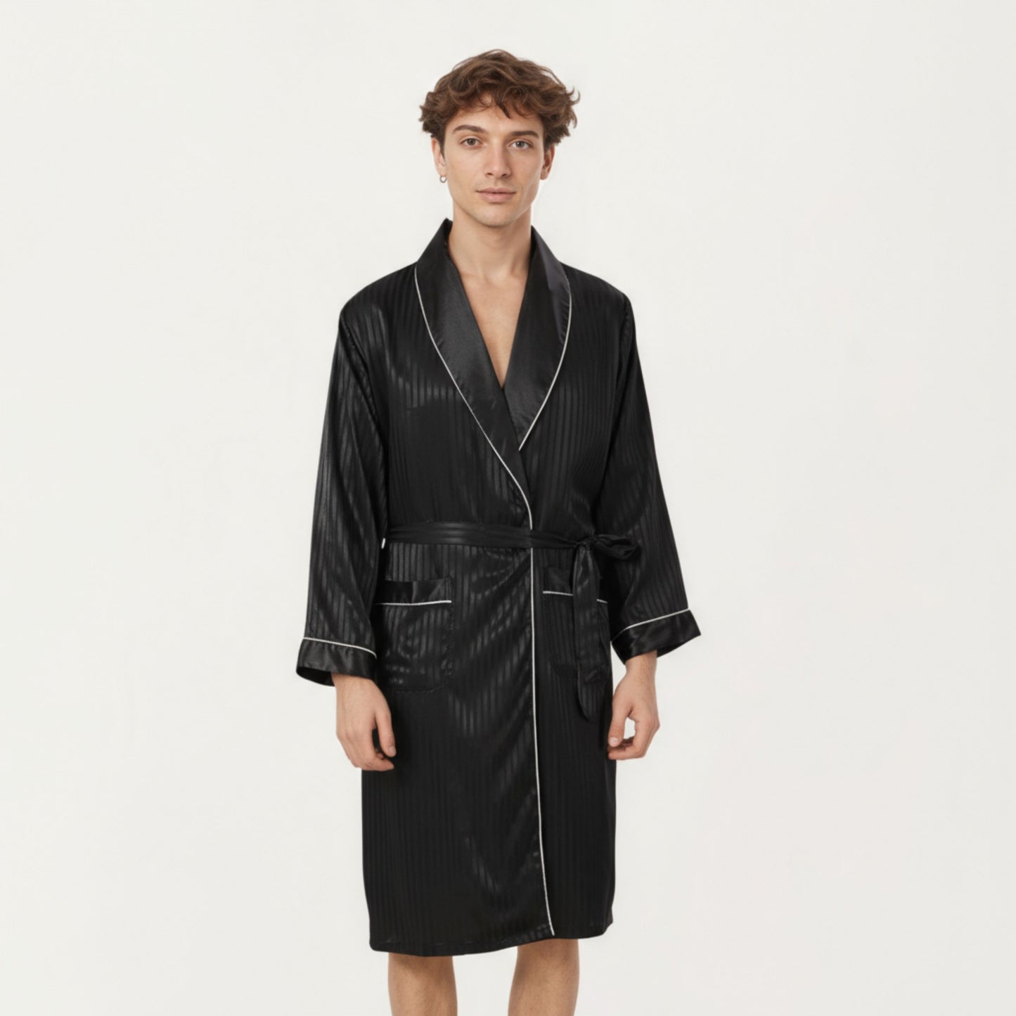 Anna-Kaci Men's Satin Robe with Subtle Stripe Texture Contrast Trim and Waist Tie