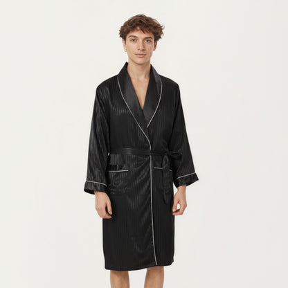 Anna-Kaci Men's Satin Robe with Subtle Stripe Texture Contrast Trim and Waist Tie
