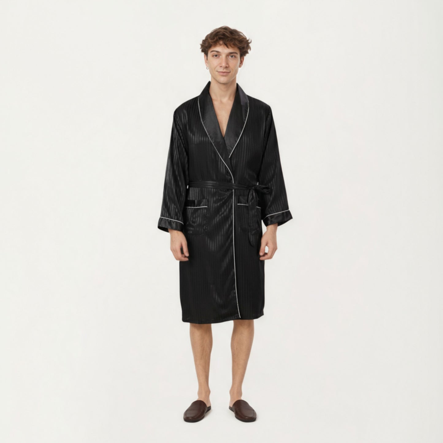 Anna-Kaci Men's Satin Robe with Subtle Stripe Texture Contrast Trim and Waist Tie