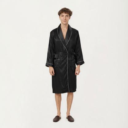 Anna-Kaci Men's Satin Robe with Subtle Stripe Texture Contrast Trim and Waist Tie