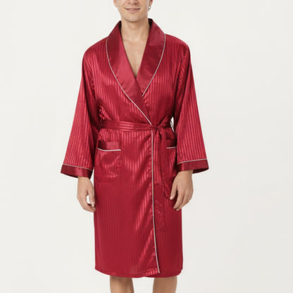 Anna-Kaci Men's Satin Robe with Subtle Stripe Texture Contrast Trim and Waist Tie