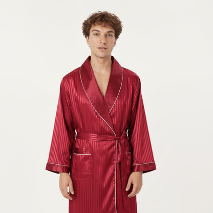 Anna-Kaci Men's Satin Robe with Subtle Stripe Texture Contrast Trim and Waist Tie