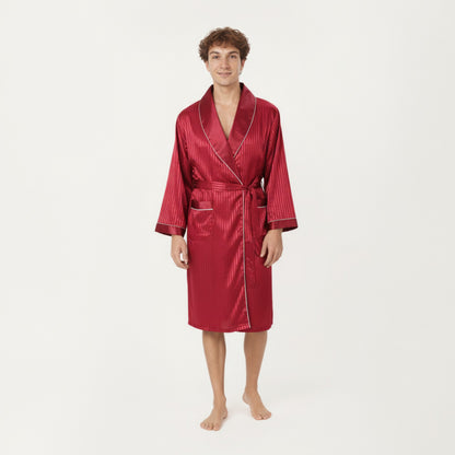 Anna-Kaci Men's Satin Robe with Subtle Stripe Texture Contrast Trim and Waist Tie