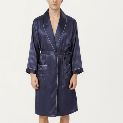 Anna-Kaci Men's Satin Robe with Subtle Stripe Texture Contrast Trim and Waist Tie