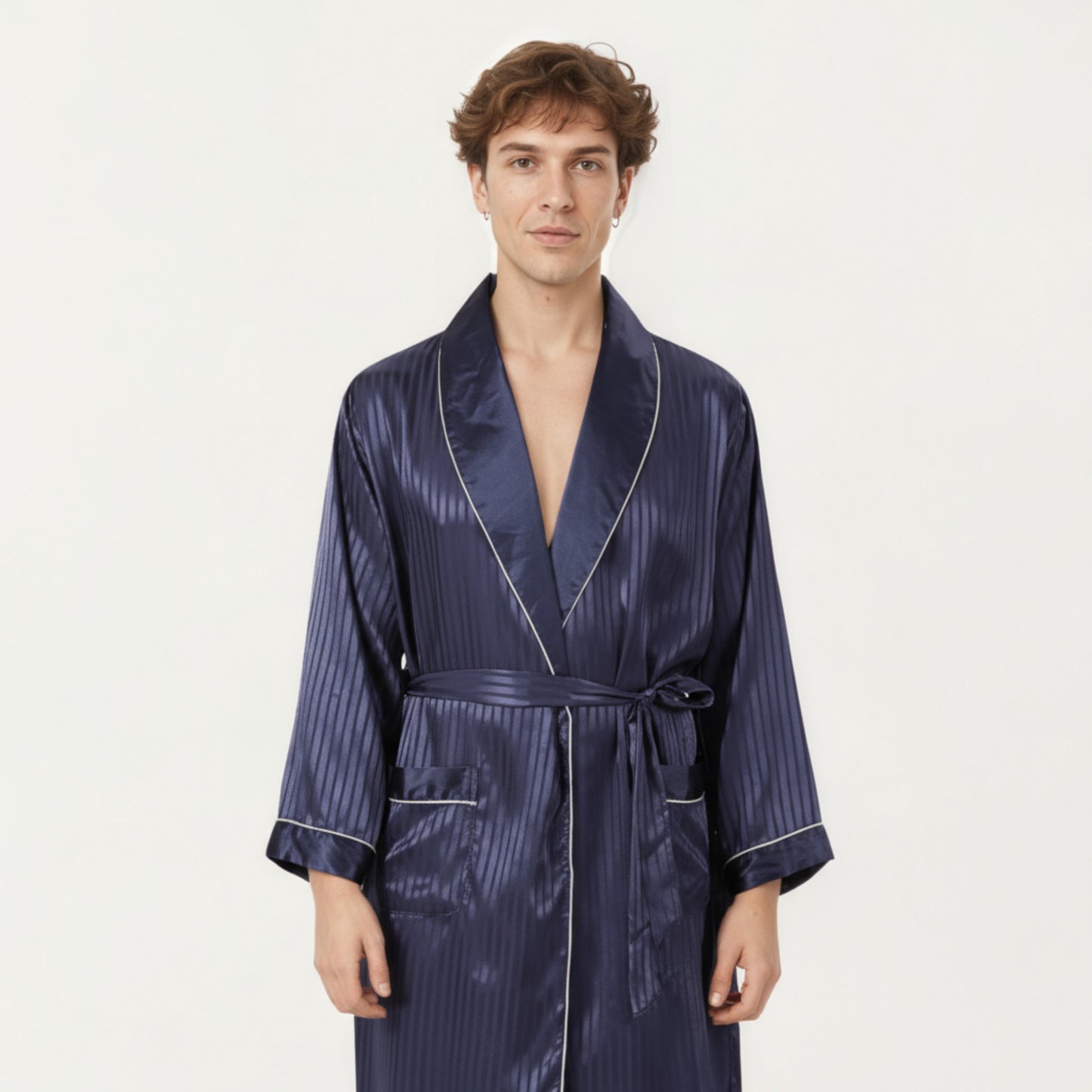 Anna-Kaci Men's Satin Robe with Subtle Stripe Texture Contrast Trim and Waist Tie