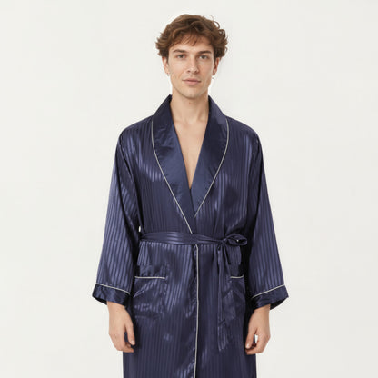 Anna-Kaci Men's Satin Robe with Subtle Stripe Texture Contrast Trim and Waist Tie