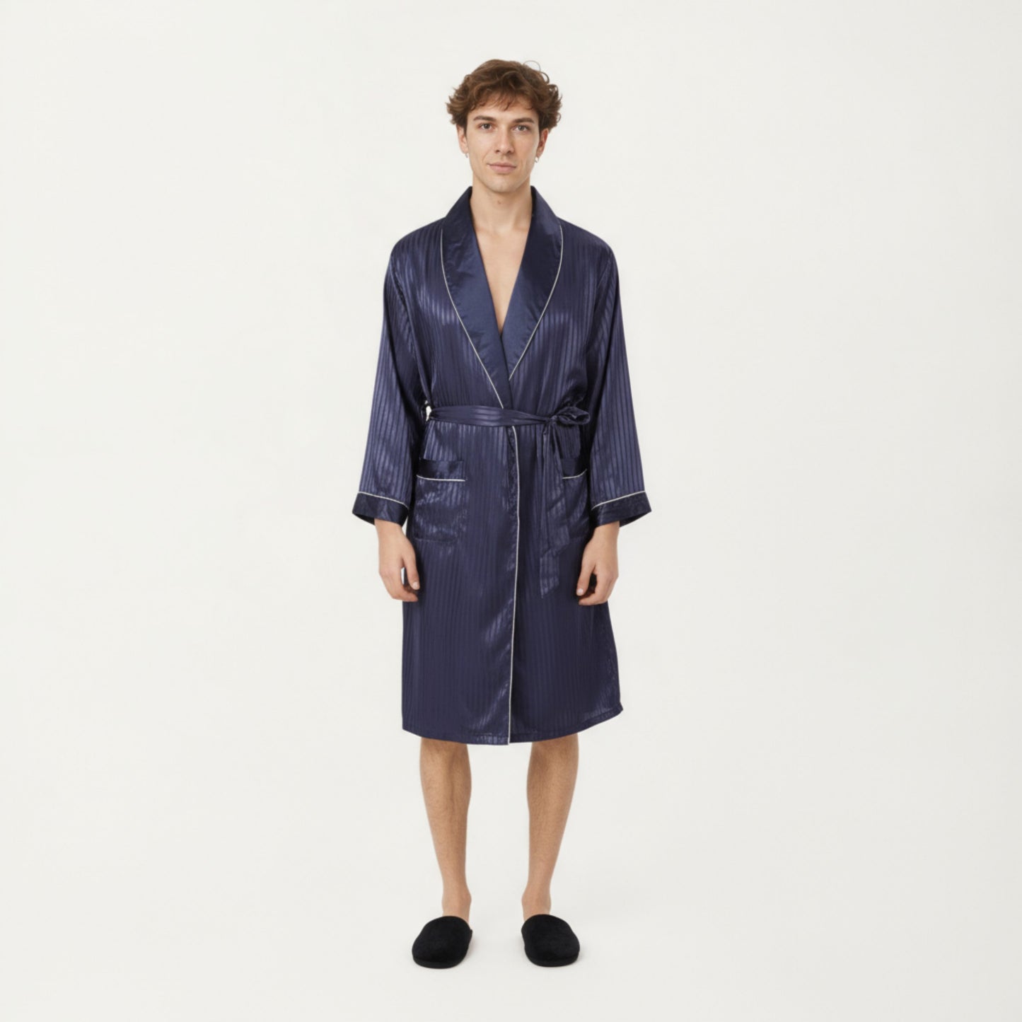 Anna-Kaci Men's Satin Robe with Subtle Stripe Texture Contrast Trim and Waist Tie