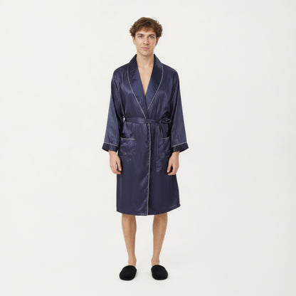 Anna-Kaci Men's Satin Robe with Subtle Stripe Texture Contrast Trim and Waist Tie