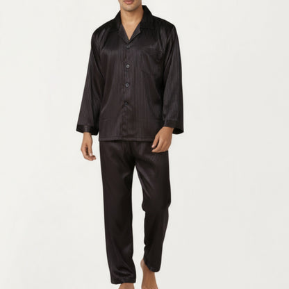 Anna-Kaci Men's 2-Piece Set Satin Pajamas with Subtle Stripe Pattern and Button-Up Top
